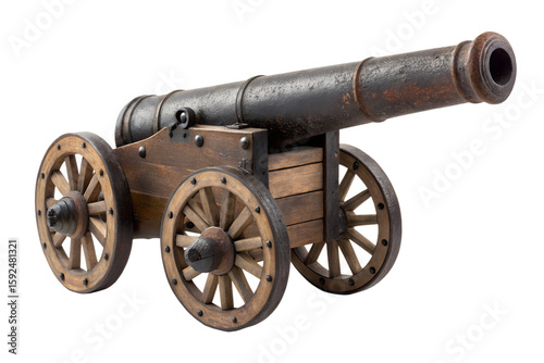 Antique wooden cannon with metal barrel and wheels isolated on transparent background