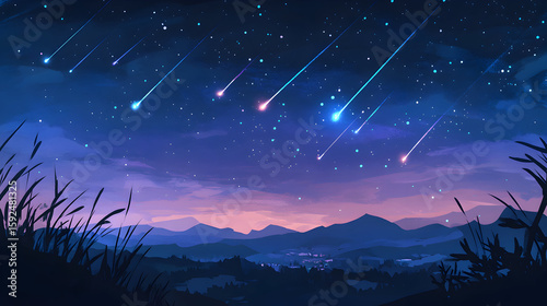 Night sky illustration featuring shooting stars over a mountain range and grassy foreground.