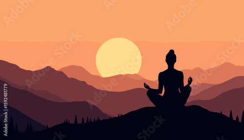 Silhouette of a meditating figure against sunset mountain backdrop  