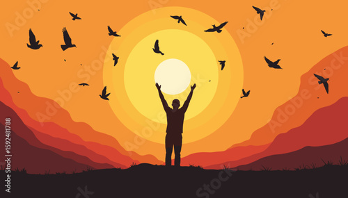 Silhouette of a person raising arms under a sunset with flying birds - Concept of Divine Love, Awakening, Enlightenment  