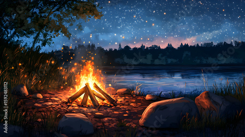 A campfire burns brightly near a lake under a starry night sky.