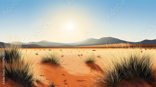 Desert landscape illustration featuring mountains sun and sparse vegetation under a blue sky.