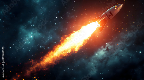 A rocket launches into space leaving a fiery trail against a starry background.