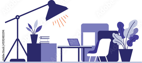 Modern workspace vector design with desk lamp, laptop, chair, plants, and books in purple tones for office inspiration