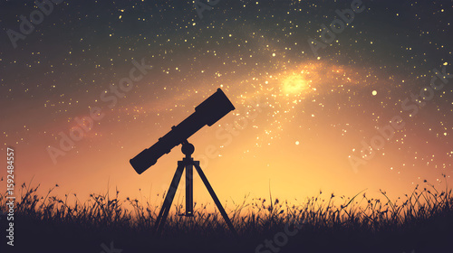 A telescope silhouetted against a starry night sky and a warm sunset.