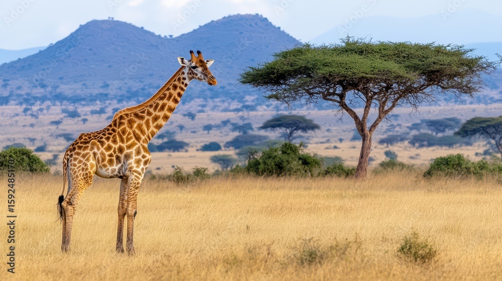 Obraz premium Giraffe in the Savannah: A majestic giraffe, distinguished by its patterned coat, gracefully strides across the vast savannah.