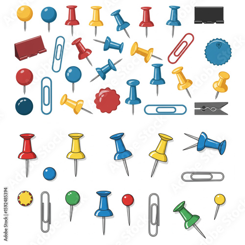 Colorful assortment of push pins and paper clips, a simple graphic usable for school projects, stationery designs, and office decor accents.