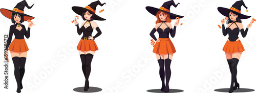 Halloween witch costume vector set with black hat orange skirt and boots collection for festive design and decoration