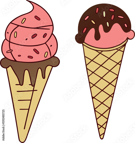 Vector illustration of a colorful ice cream cone with scoops and a waffle cone