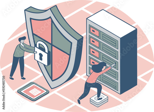 Cybersecurity and digital protection concept with shield and binary code. Geometric vector style with sharp angles, firewalls and encryption symbols, and a dynamic, tech-infused composition