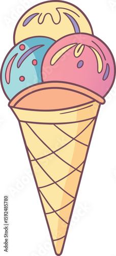 Vector illustration of a colorful ice cream cone with scoops and a waffle cone