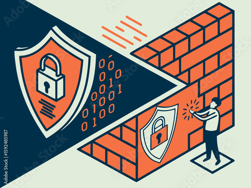 Cybersecurity and digital protection concept with shield and binary code. Geometric vector style with sharp angles, firewalls and encryption symbols, and a dynamic, tech-infused composition