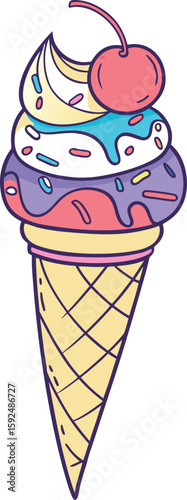 Vector illustration of a colorful ice cream cone with scoops and a waffle cone