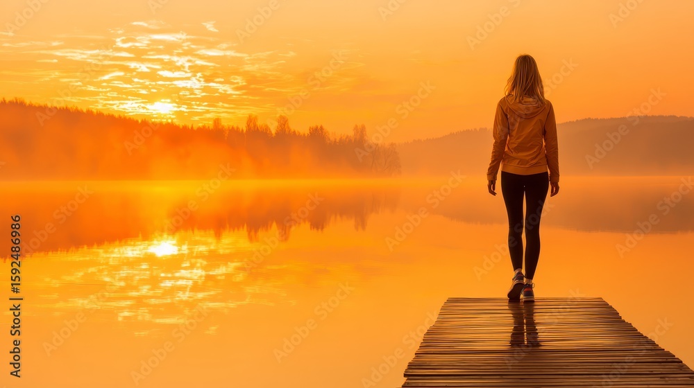 Fototapeta premium Woman finds serenity on a dock, tranquil lake view and peaceful contemplation serene