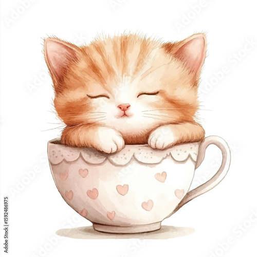 Adorable Watercolor Kitten Napping Comfortably Inside a Decorated Teacup