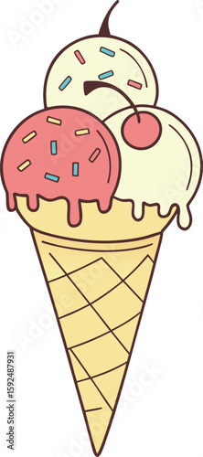 Vector illustration of a colorful ice cream cone with scoops and a waffle cone