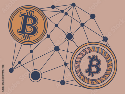 Blockchain and cryptocurrency theme with digital coins and network nodes, node lines, and a futuristic glass-morphism style for a sleek