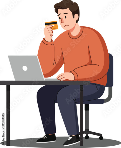 Man sitting at desk holding credit card looking worried while using laptop for online shopping vector illustration
