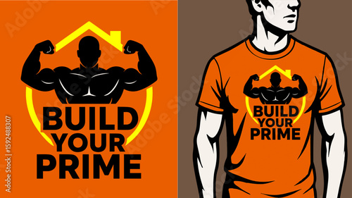Build Your Prime orange T-Shirt Design – Bold Fitness Typography with Muscular Graphic and Sporty Mockup.

