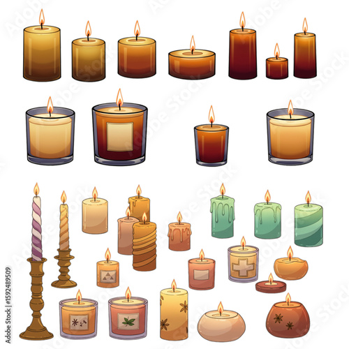 An assortment of candles in various shapes and colors, perfect for festive decor or a calm and relaxing ambiance through gentle light.
