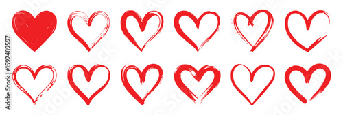 Collection of red heart shapes with brush stroke texture on white background love