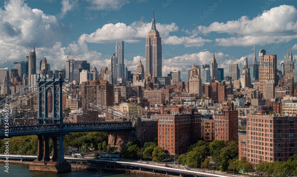 Naklejka premium A panoramic view of the New York City skyline, with buildings like the Empire State Building in the foreground and other skyscrapers standing tall against the blue sky with white clouds Generative AI
