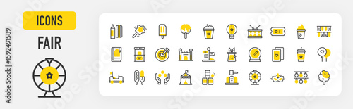 Fair icons. Target, Mask, Directional Sign, Can, Bumper Car, Corn Dog, Juggling, Circus, Hammer Game, Fortune Wheel, Light Bulb, Cotton Candy, Hot Dog vector stroke illustration.	
