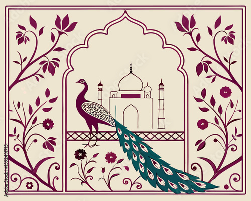 Mughal decorative garden with peacock frame for wedding invitation card. Mughal arch, floral background