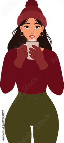 Young woman wearing burgundy sweater and hat holding hot drink in winter outfit vector illustration