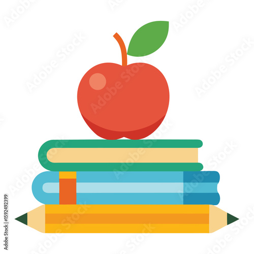 A simple illustration of a pencil resting beside a small stack of books and a red apple on a white background