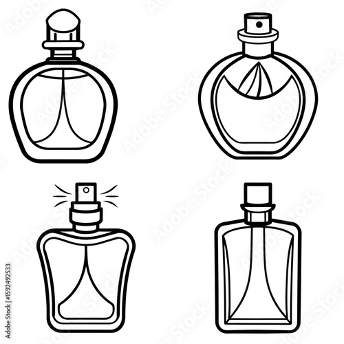 Four perfume bottles in various shapes and styles outlined in black on a white background drawing style