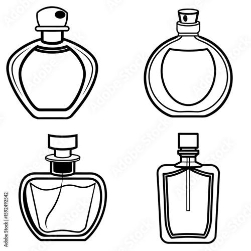 Four perfume bottles with different shapes and designs in a black and white outline illustration style