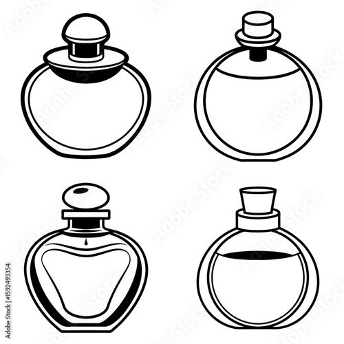 Illustration featuring four perfume bottles with different shapes and stopper designs in black and white outline