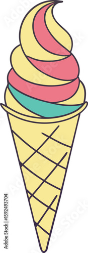 Vector illustration of a colorful ice cream cone with scoops and a waffle cone