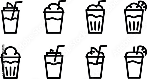 Vector illustration: Eight refreshing beverage icons, modern line style.