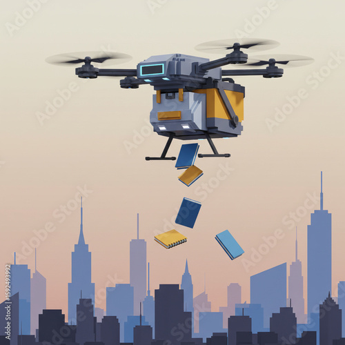 Cartoon light-blue drone dropping pink notebooks over cityscape