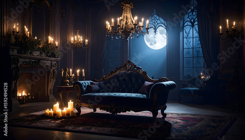 Elegant Gothic Room Interior at Night with Candles and a Velvet Sofa