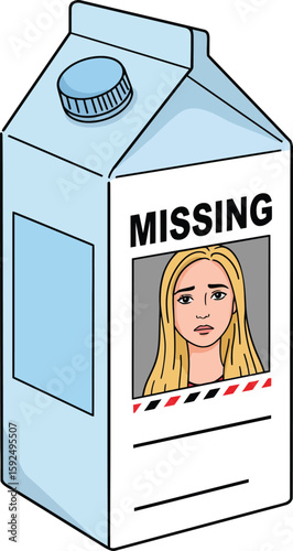 Missing person alert on milk carton with blonde woman portrait and empty message space vector illustration
