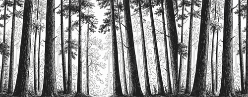 A dense forest design in monochrome, ideal for backgrounds, representing wilderness, nature, and outdoor adventures with scalable elements.