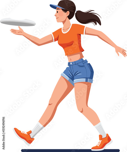 Woman throwing frisbee in casual summer outfit active lifestyle outdoor leisure sports vector illustration