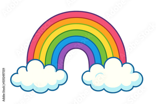 Colorful rainbow arch with fluffy clouds isolated on transparent background