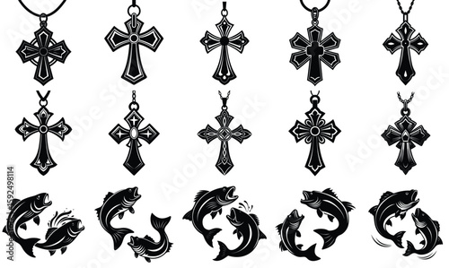 Collection of crosses and fish pendants isolated on white background