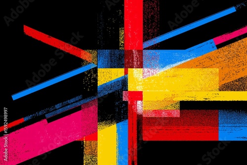 Abstract geometric composition of overlapping colorful lines and shapes