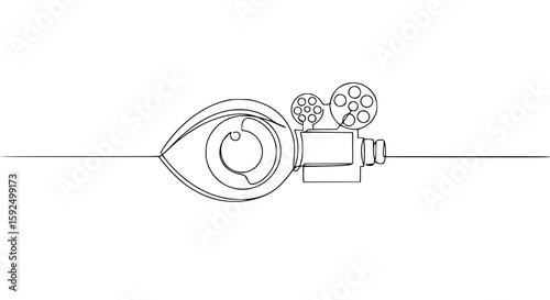 Eye and film camera illustration in single line outline vector style  