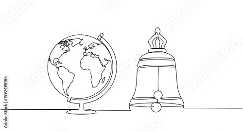 Globe and bell in single line outline for Peace Day concept  
