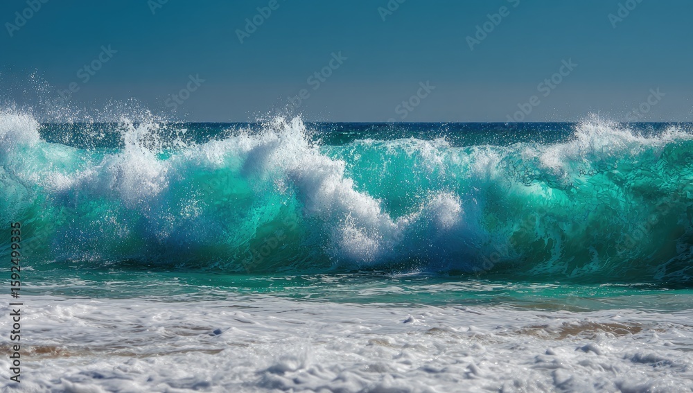 Fototapeta premium Powerful turquoise waves crashing on a sandy beach