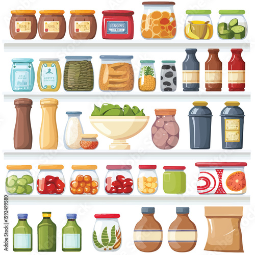 Assortment of Preserved Foods in Jars and Bottles Displayed on Shelves