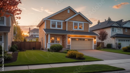 Detached suburban house showcases wooden siding bathed in warm sunset light enhancing its high fidelity details on a quiet residential street.