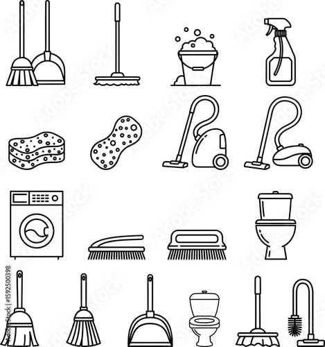 Cleaning Supplies Line Art Icon Set - Household Chores Vector Collection