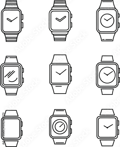 Modern Smartwatch Line Art Icon Set - Digital Watch Collection